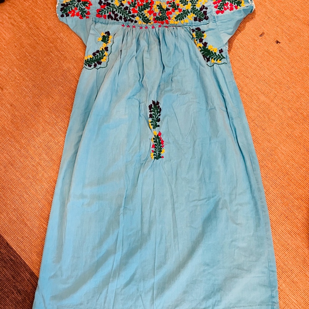 Embroidered Light Blue Midi Dress with Floral Detail